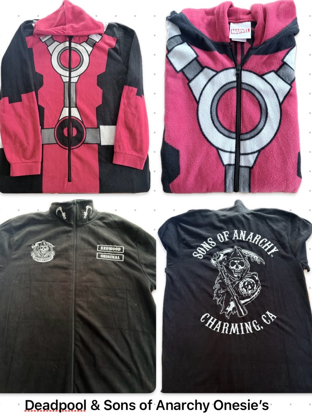 2 Onesies- Marvel Deadpool zip up hoodie onesie & Sons of Anarchy onesie